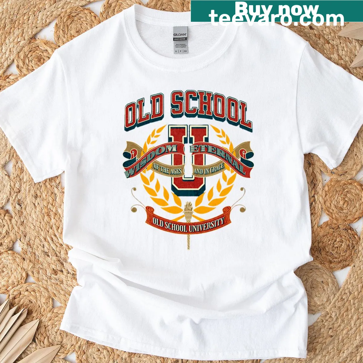 Retro Old School University t-shirt with a bold name design — on a men's t-shirt
