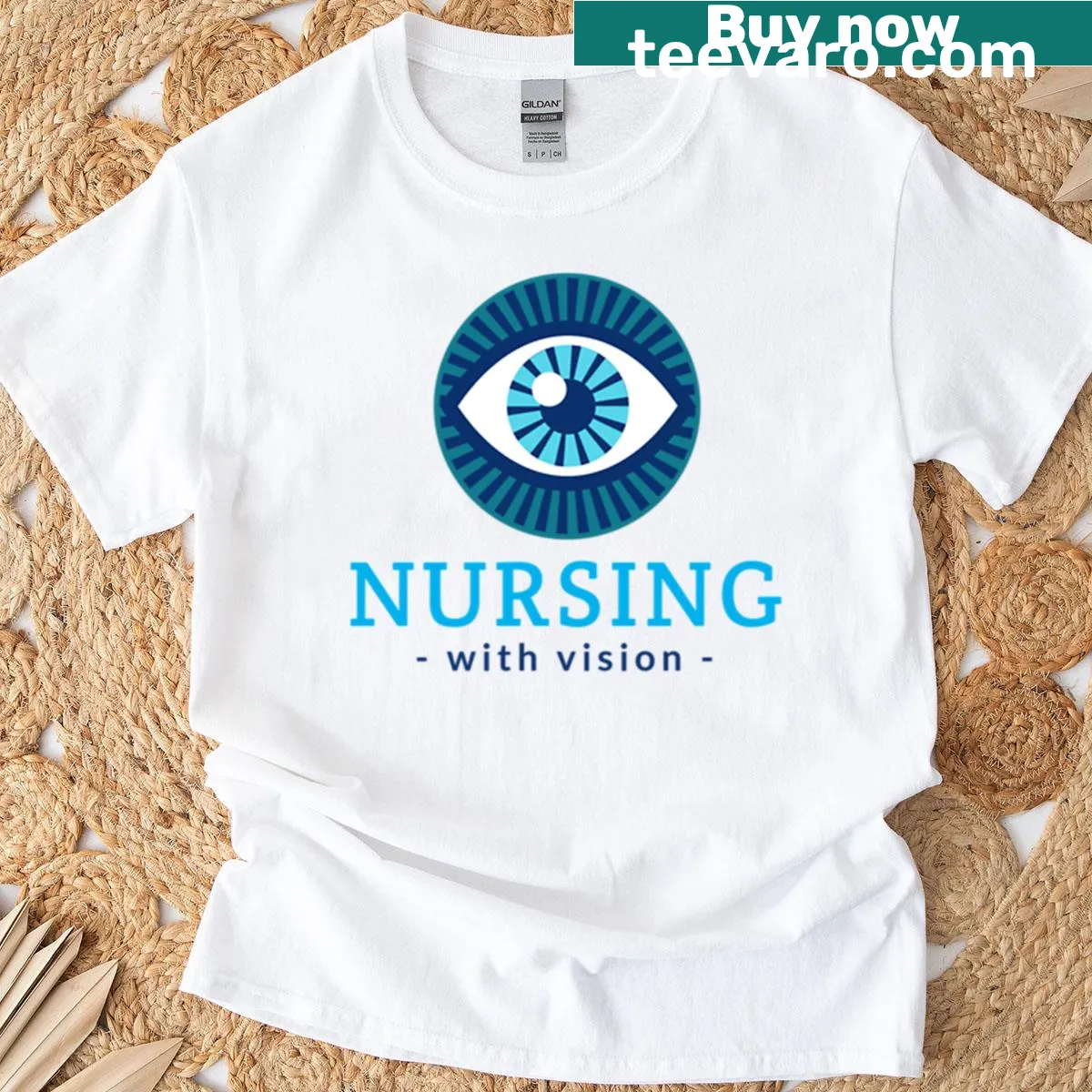 Ophthalmology nurse t-shirt with the phrase 'Nursing With Vision' and eye-related motifs — on a men's t-shirt