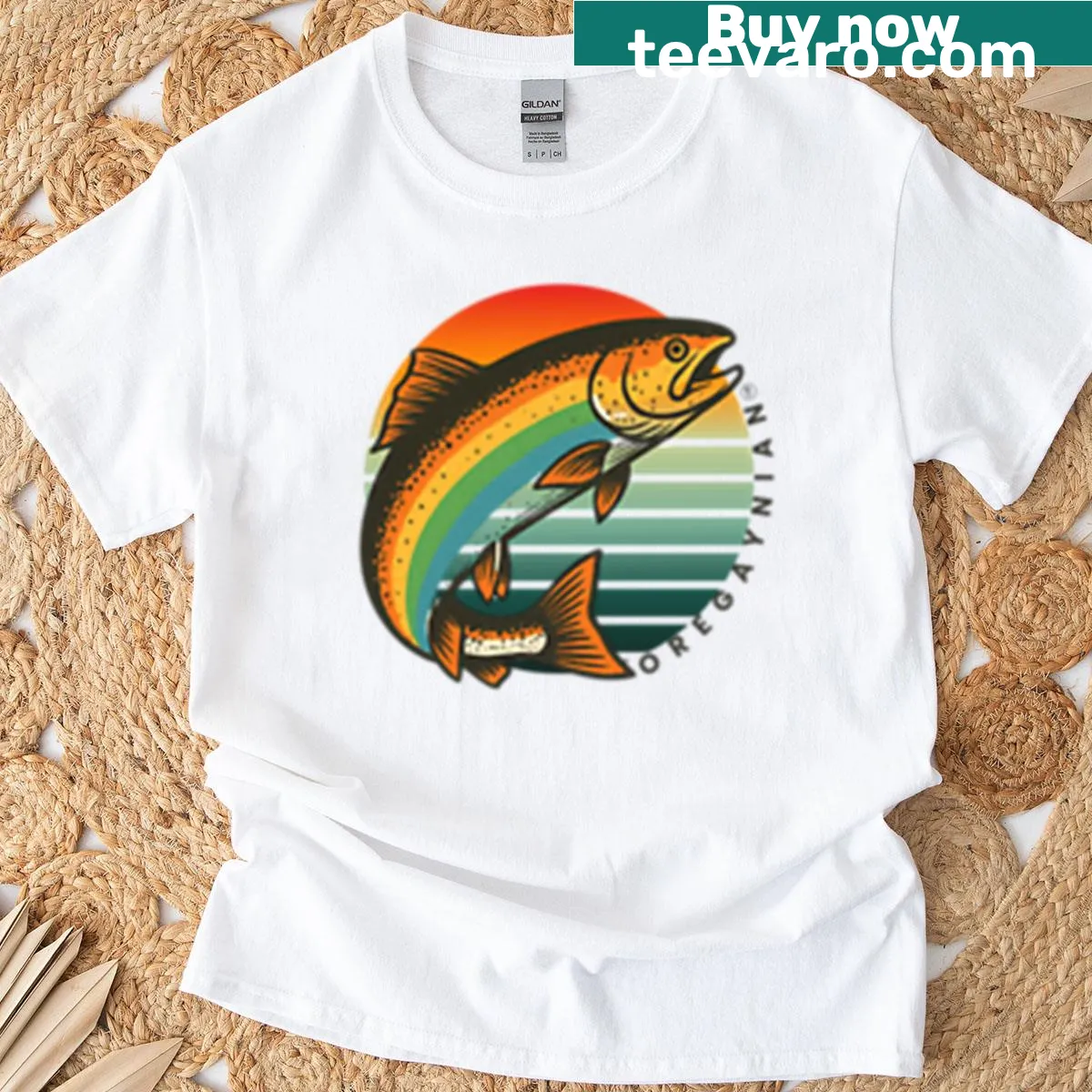 T-shirt featuring an emblem of fish and fishing gear for anglers — on a men's t-shirt