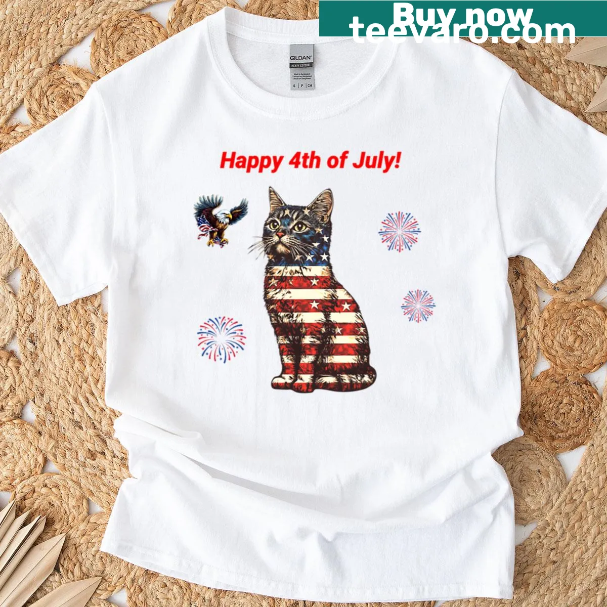 Patriotic cat design with American flag T-shirt — on a men's t-shirt