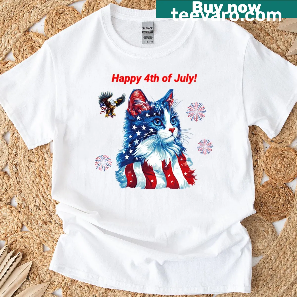 American flag cat design for Fourth of July T-shirt — on a men's t-shirt