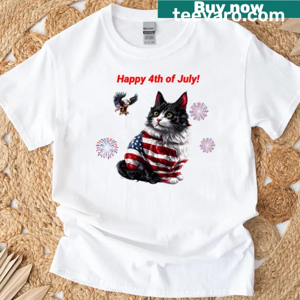 Patriotic cat design with American flag on T-shirt
