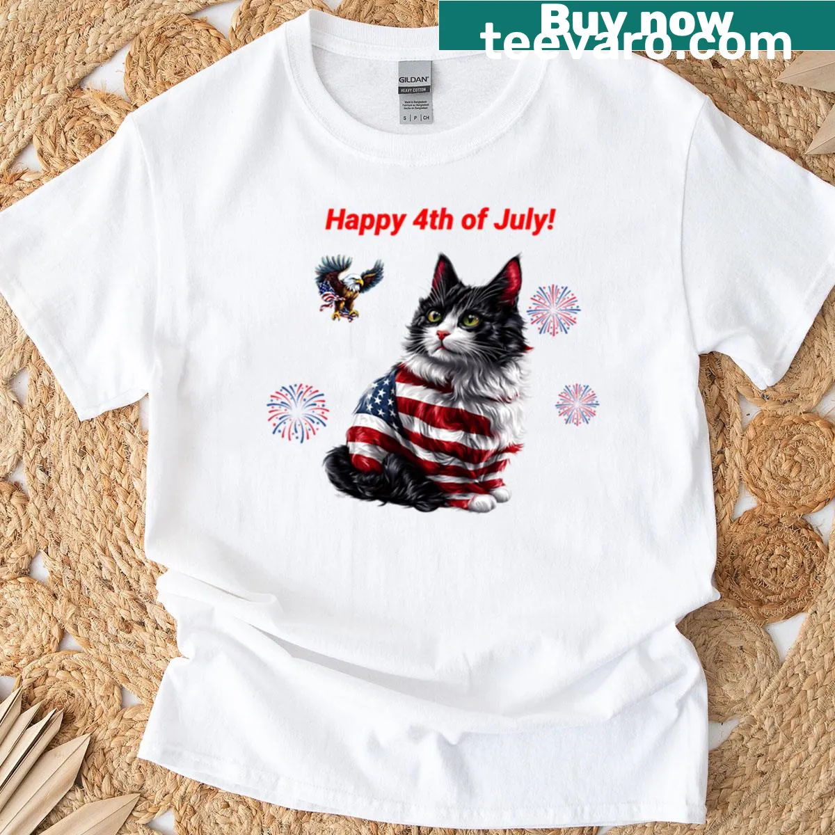 Patriotic cat design with American flag on T-shirt — on a men's t-shirt