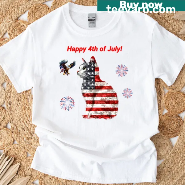 T-shirt featuring a patriotic cat design with American flag