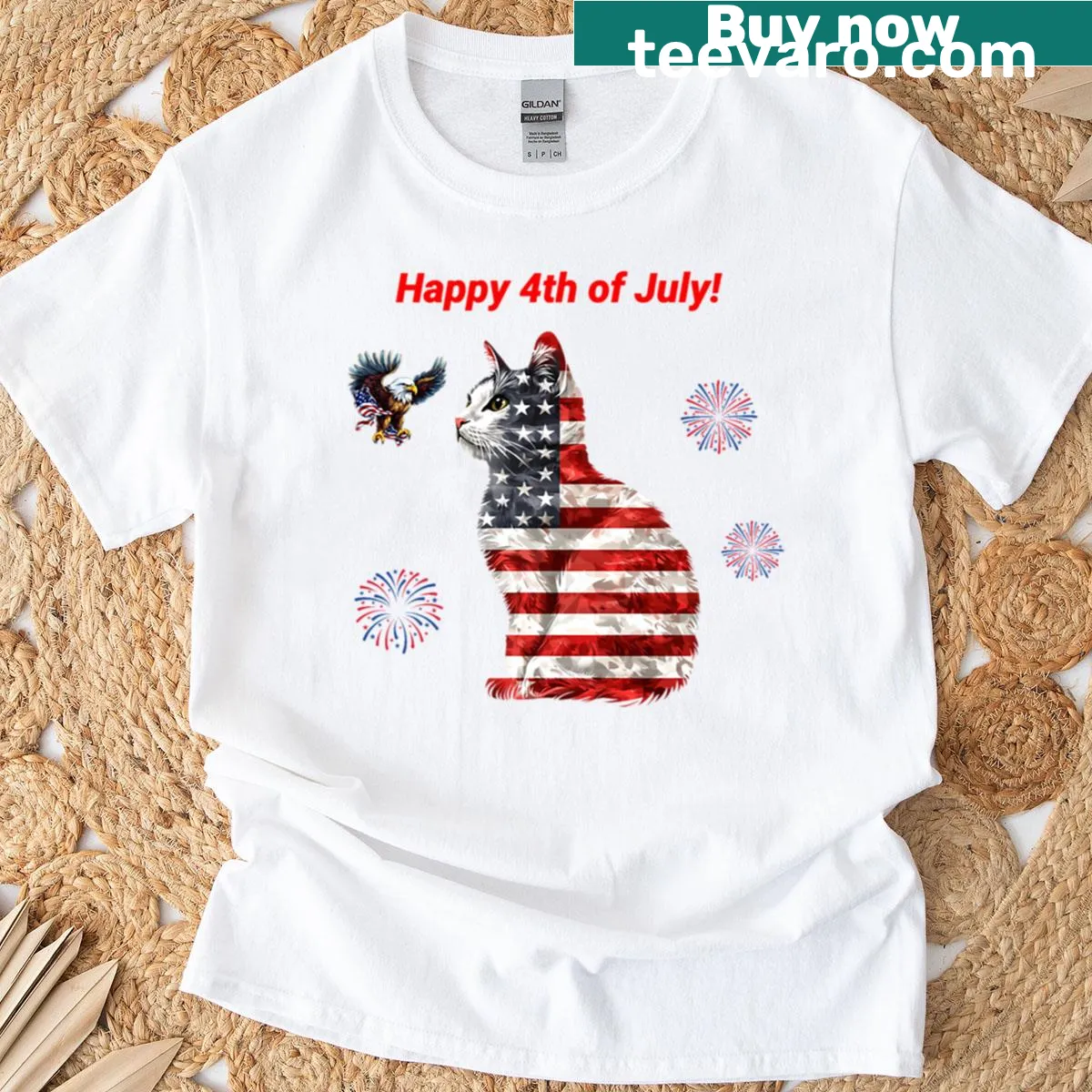 T-shirt featuring a patriotic cat design with American flag — on a men's t-shirt