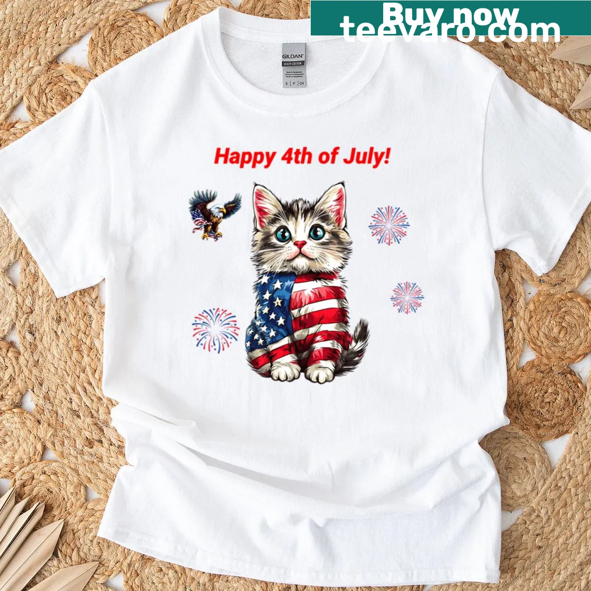 Cute kitten wearing the American flag in a fun design for July 4th. — on a men's t-shirt