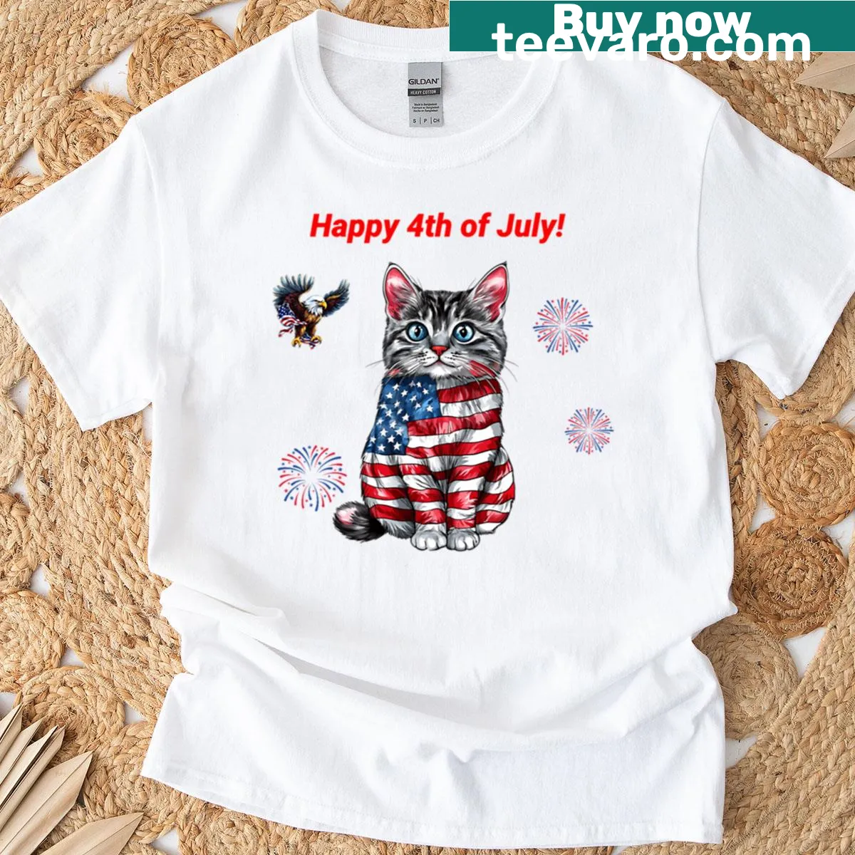 Cute kitten with American flag on T-shirt — on a men's t-shirt
