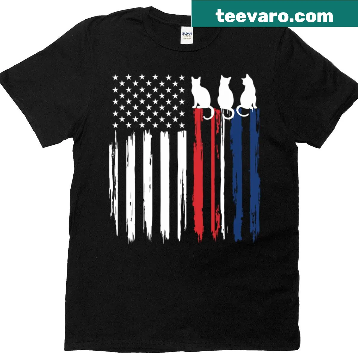 American flag design featuring cat silhouettes for Fourth of July. — on a men's t-shirt