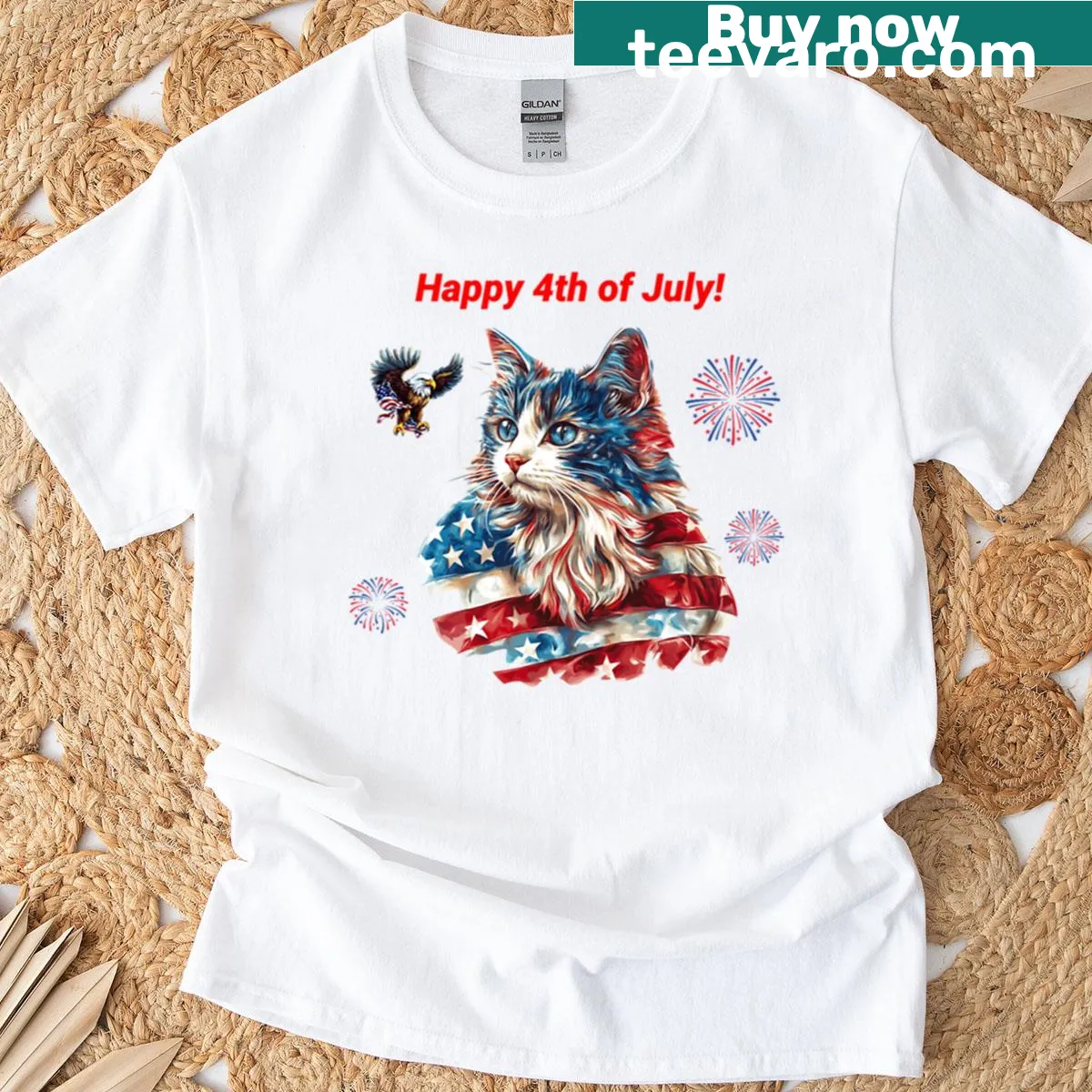 T-shirt featuring a patriotic cat design with the American flag — on a men's t-shirt