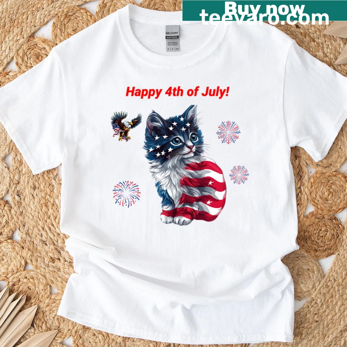 Cute kitten illustration with American flag design — on a men's t-shirt