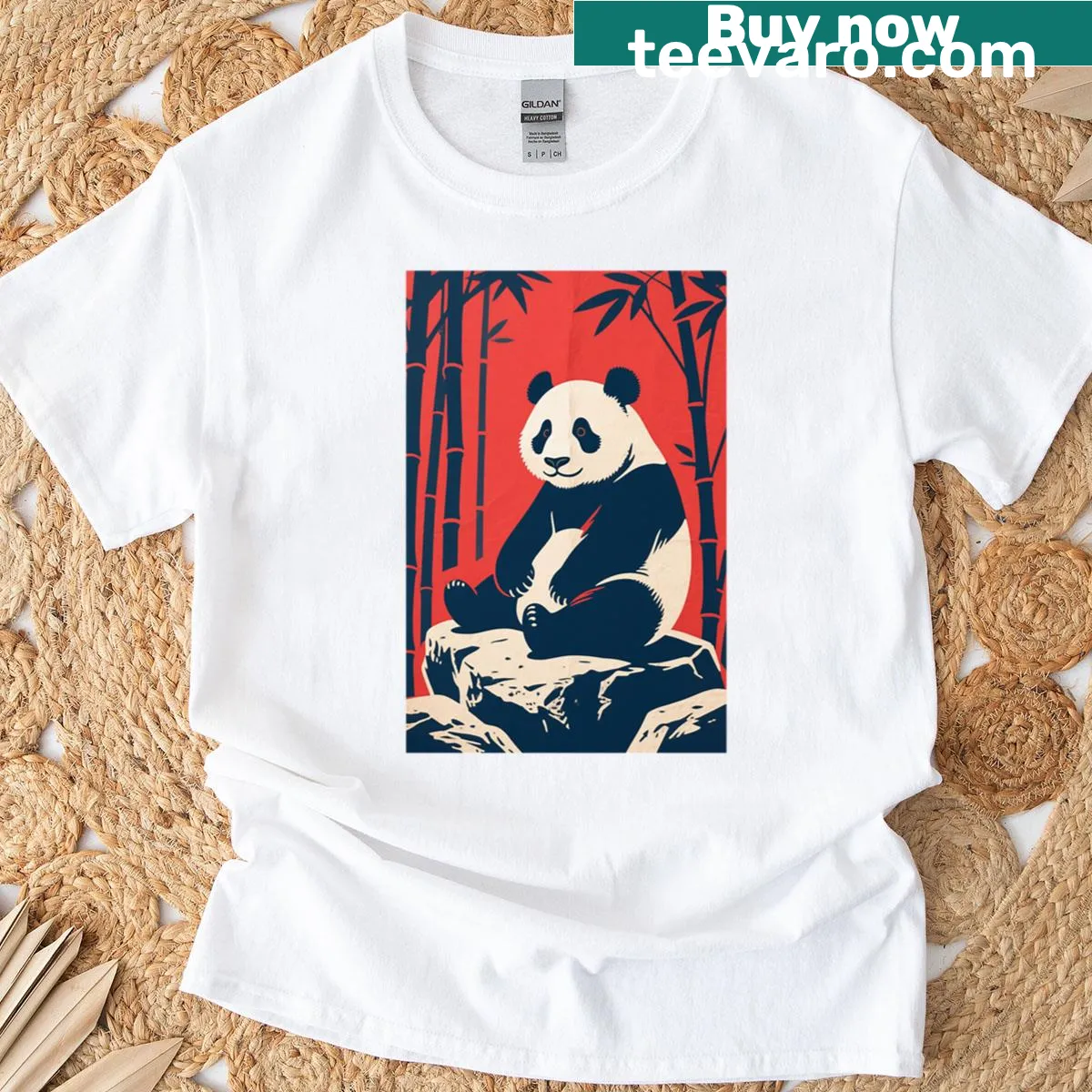 Illustrated panda design symbolizing peace and hope. — on a men's t-shirt