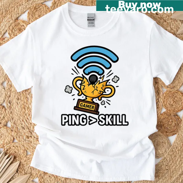 Funny gamer t-shirt with oversized text about ping and skill
