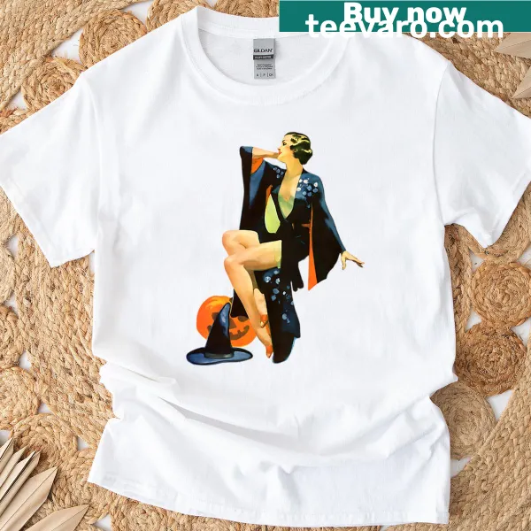 Vintage-inspired t-shirt with a pinup witch and jack-o-lantern design