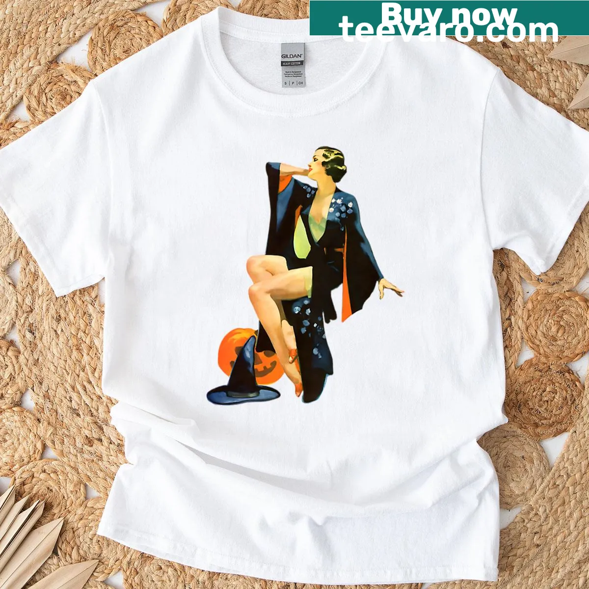 Vintage-inspired t-shirt with a pinup witch and jack-o-lantern design — on a men's t-shirt