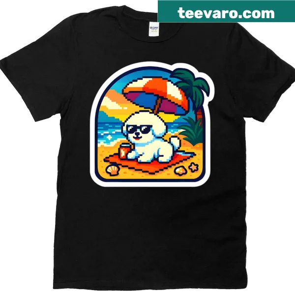 Retro pixel art of a Bichon Frise dog at the beach