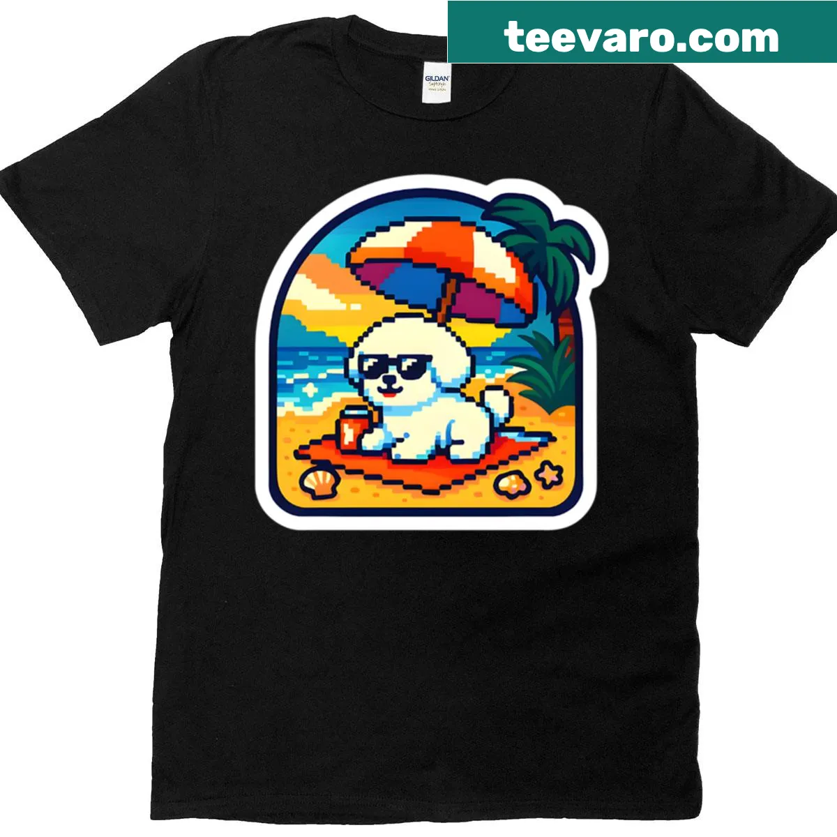 Retro pixel art of a Bichon Frise dog at the beach — on a men's t-shirt