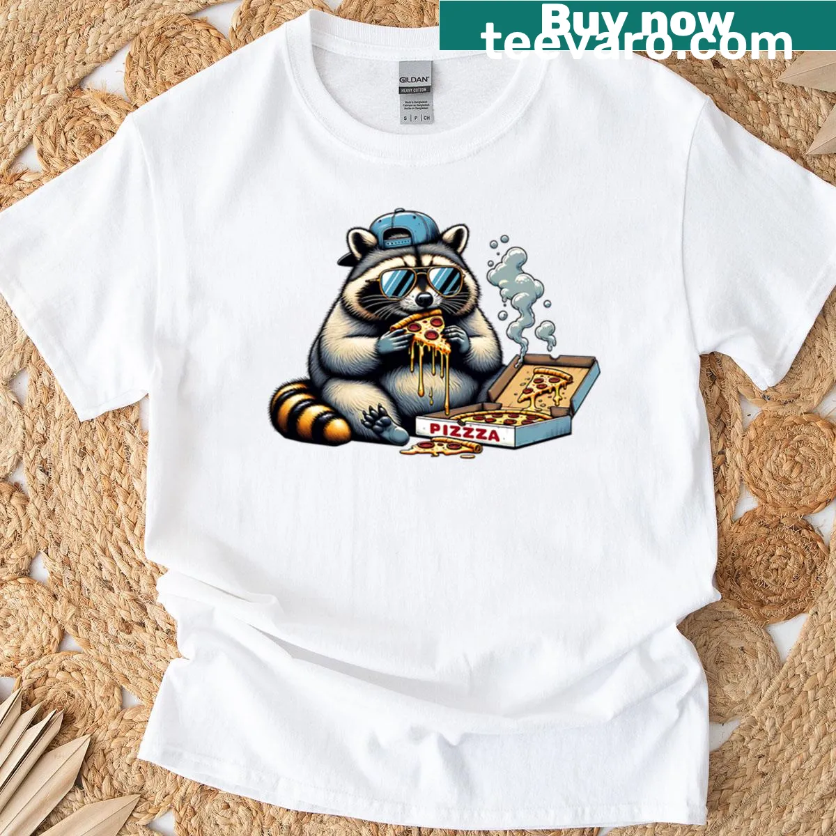 Cartoon raccoon eating pizza printed on a fun T-shirt — on a men's t-shirt