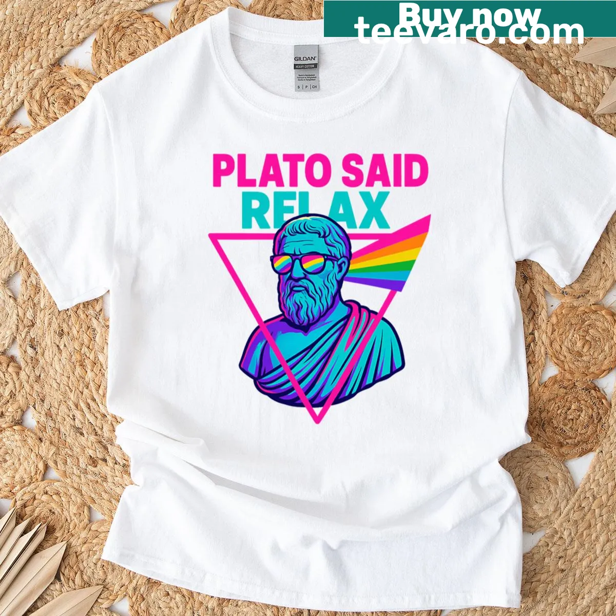 Retro vaporwave-inspired t-shirt with the phrase 'Plato Said Relax' — on a men's t-shirt