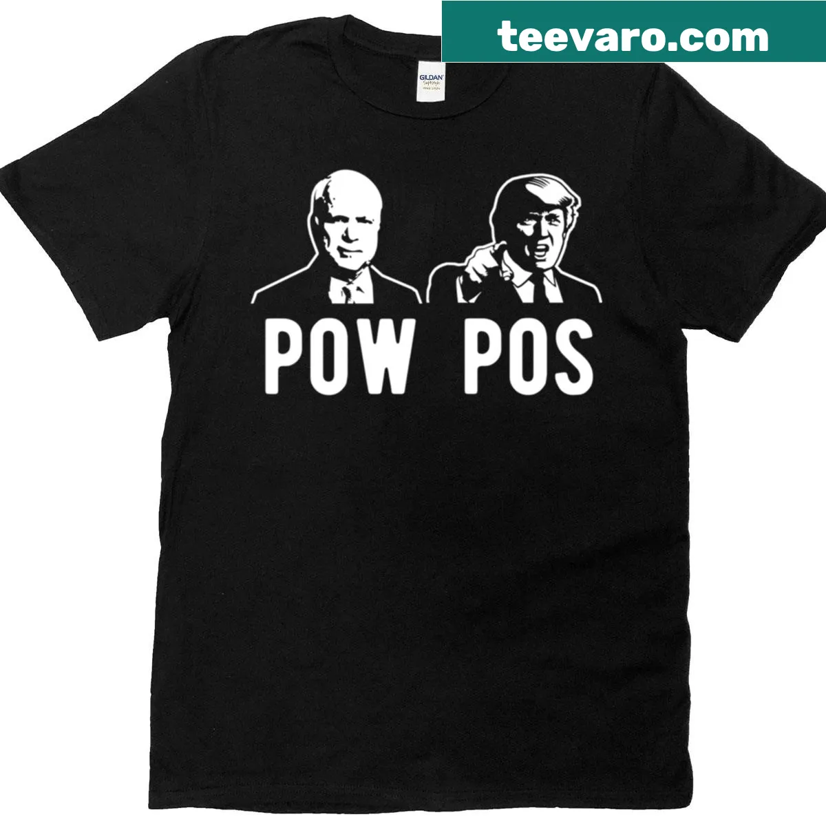 Sarcastic t-shirt with 'Pow Pos' and references to McCain and Trump — on a men's t-shirt
