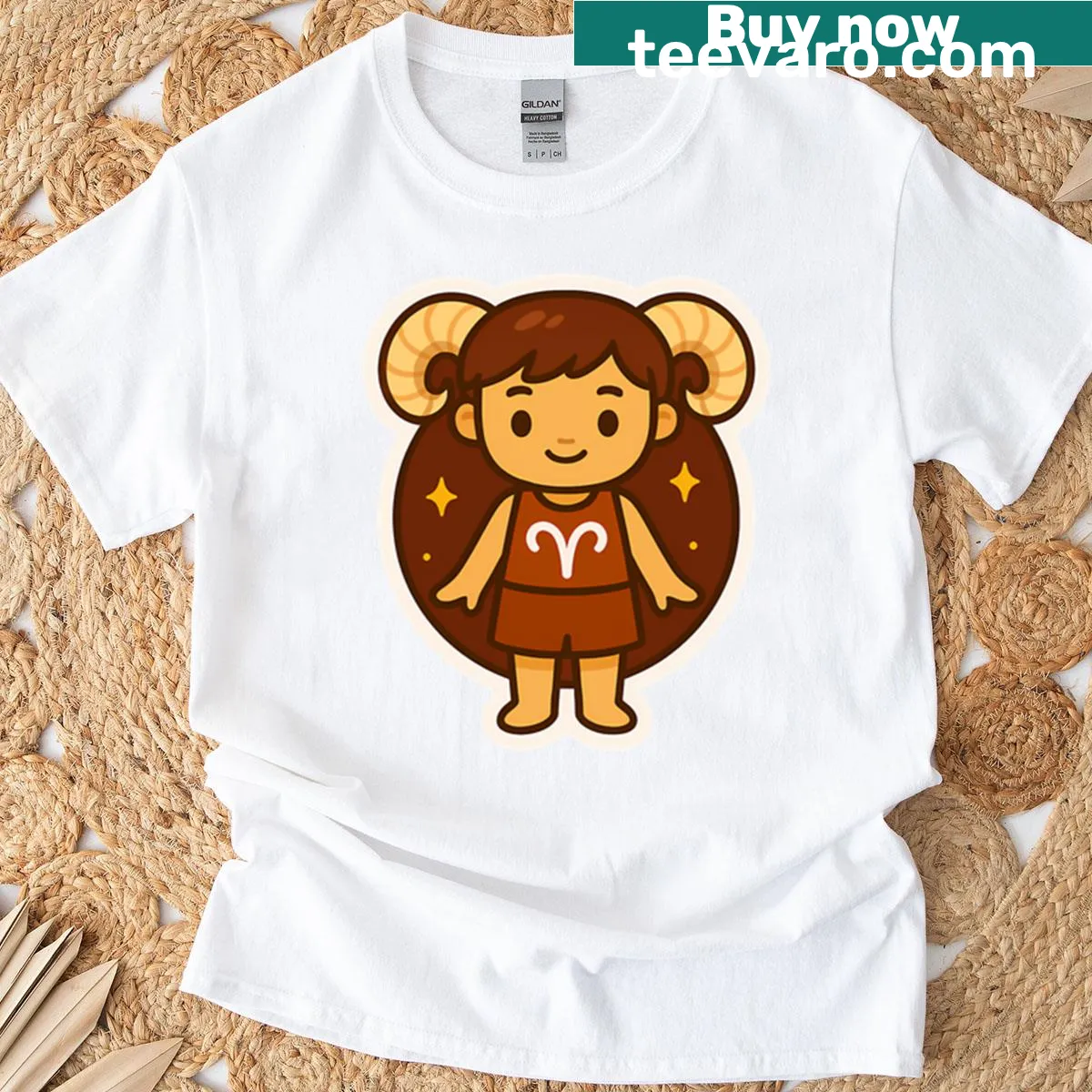 Full-body Aries warrior illustration with fire symbol — on a men's t-shirt