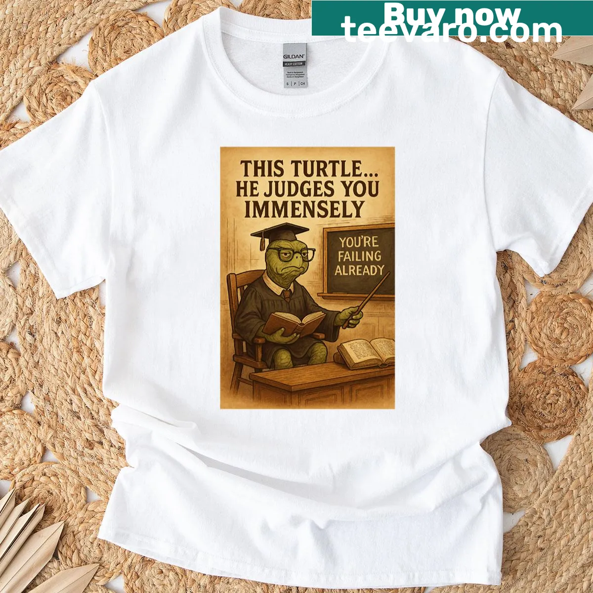 Cartoon turtle professor with humorous text on a T-shirt — on a men's t-shirt