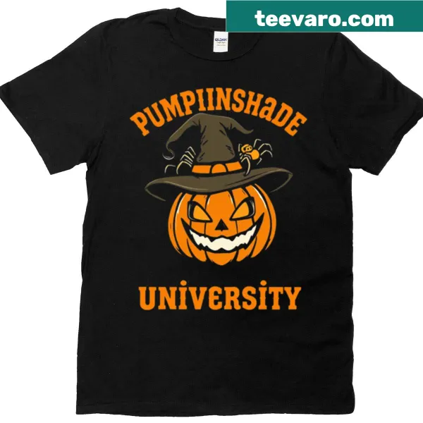 Halloween-themed t-shirt with Pumpkinshade University mascot logo