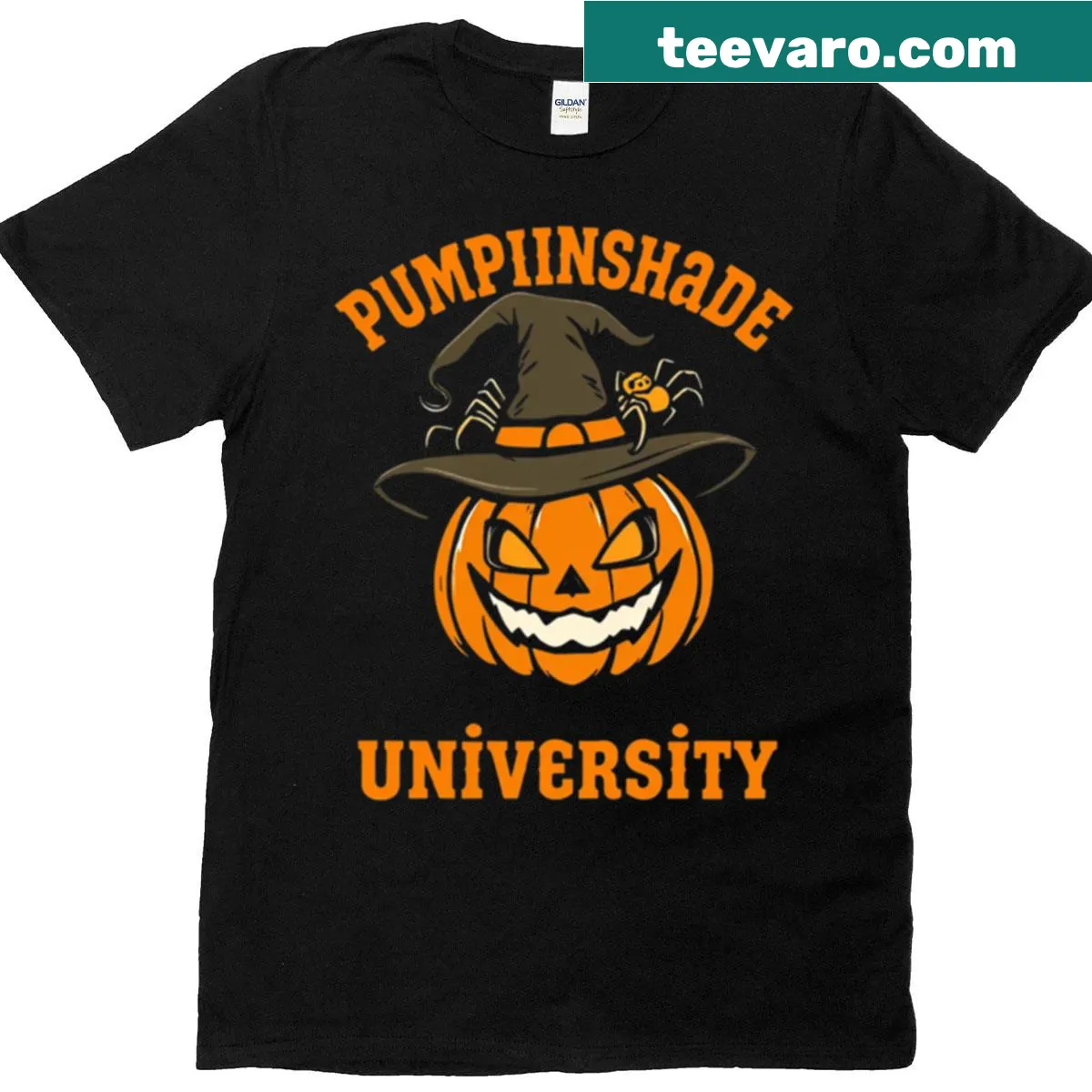 Halloween-themed t-shirt with Pumpkinshade University mascot logo — on a men's t-shirt