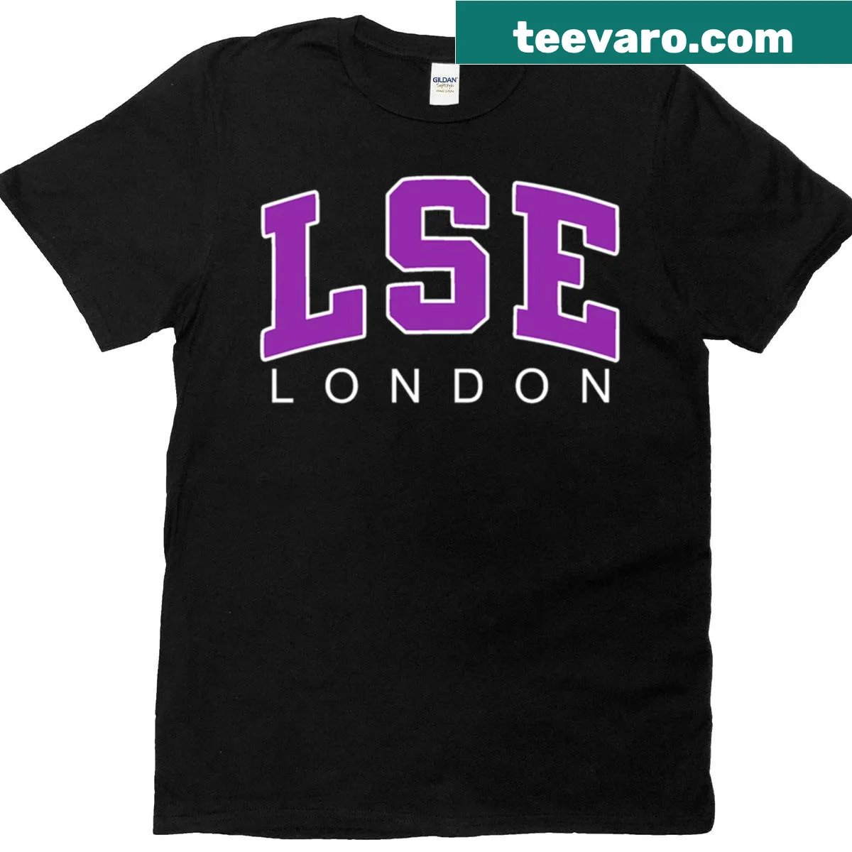 Minimalist t-shirt with 'LSE' in purple lettering — on a men's t-shirt