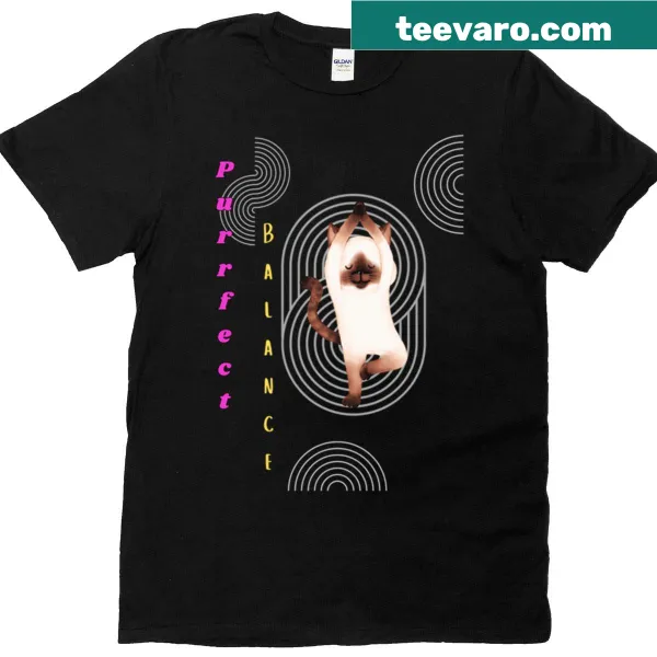 T-shirt with a yoga cat illustration and 'Purrfect Balance' text