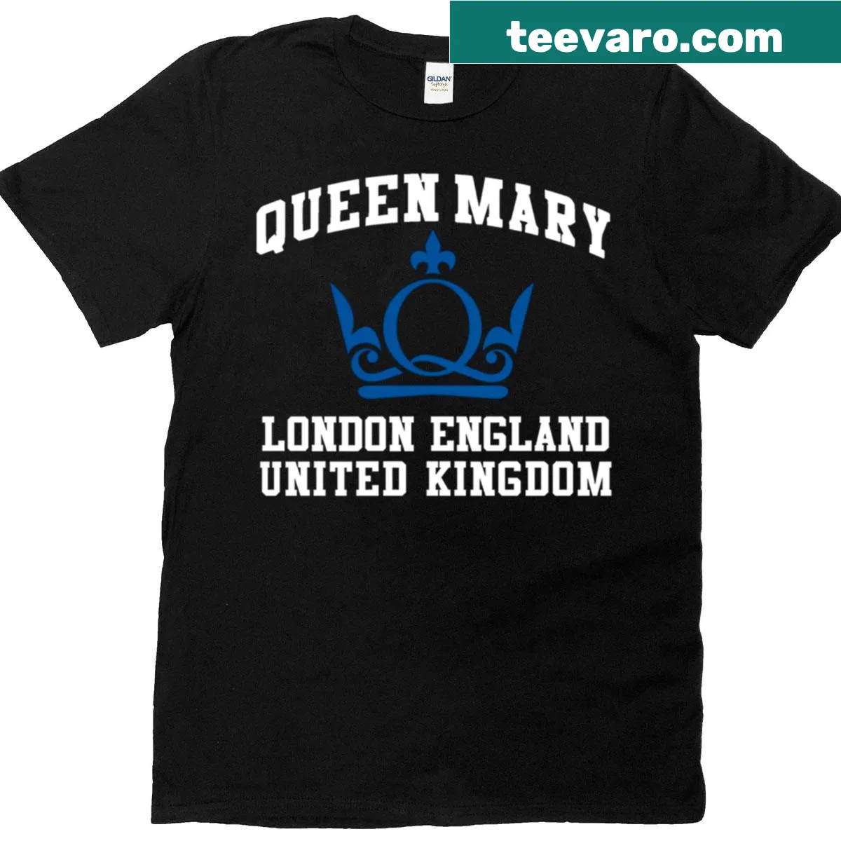 Oversized T-shirt featuring Queen Mary University of London logo illustration — on a men's t-shirt