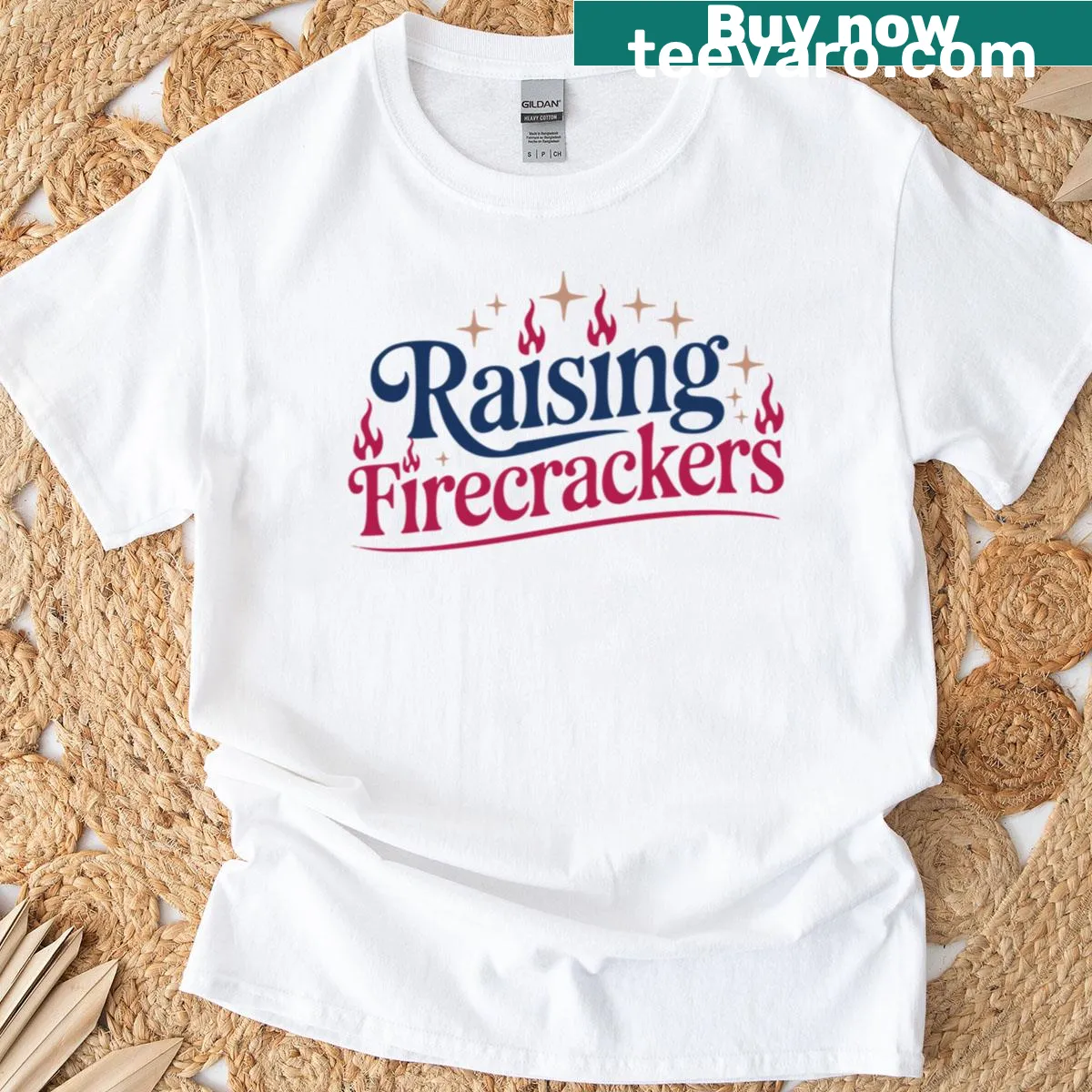 Patriotic mom t-shirt with a firecracker-themed typography design — on a men's t-shirt