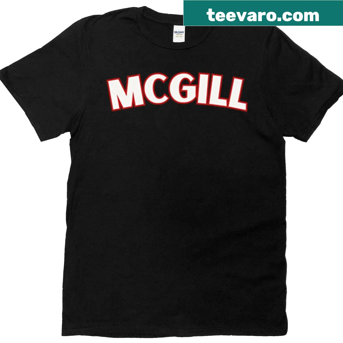 Retro McGill varsity graphic T-shirt in red and white — on a men's t-shirt