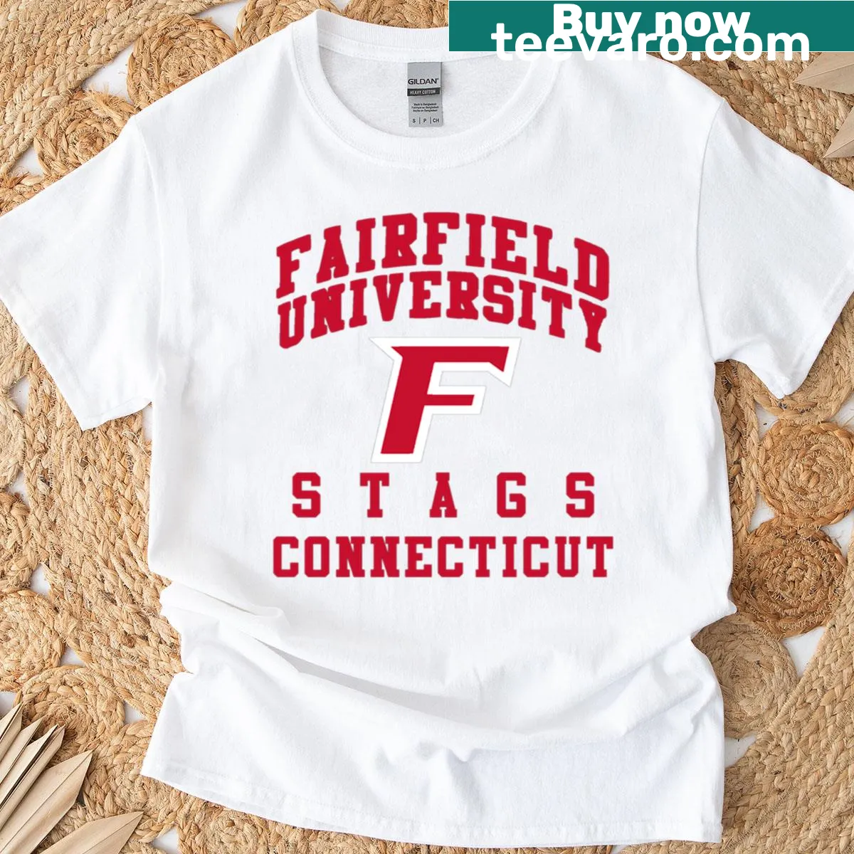 Bold collegiate Fairfield University Stags text on a T-shirt — on a men's t-shirt