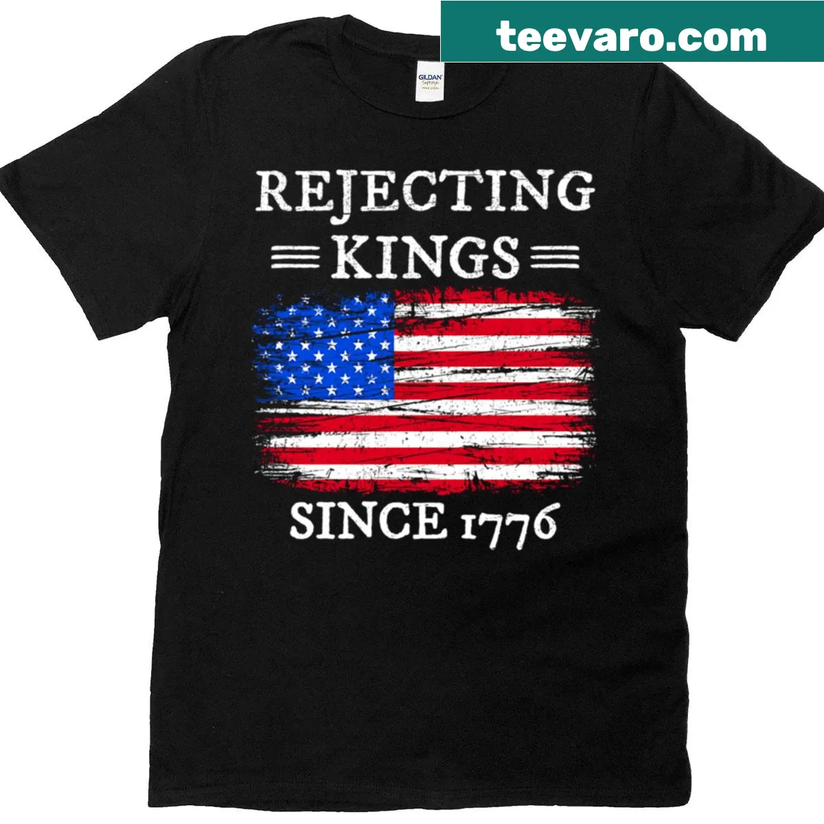 Vintage distressed t-shirt featuring the phrase 'Rejecting Kings Since 1776' — on a men's t-shirt