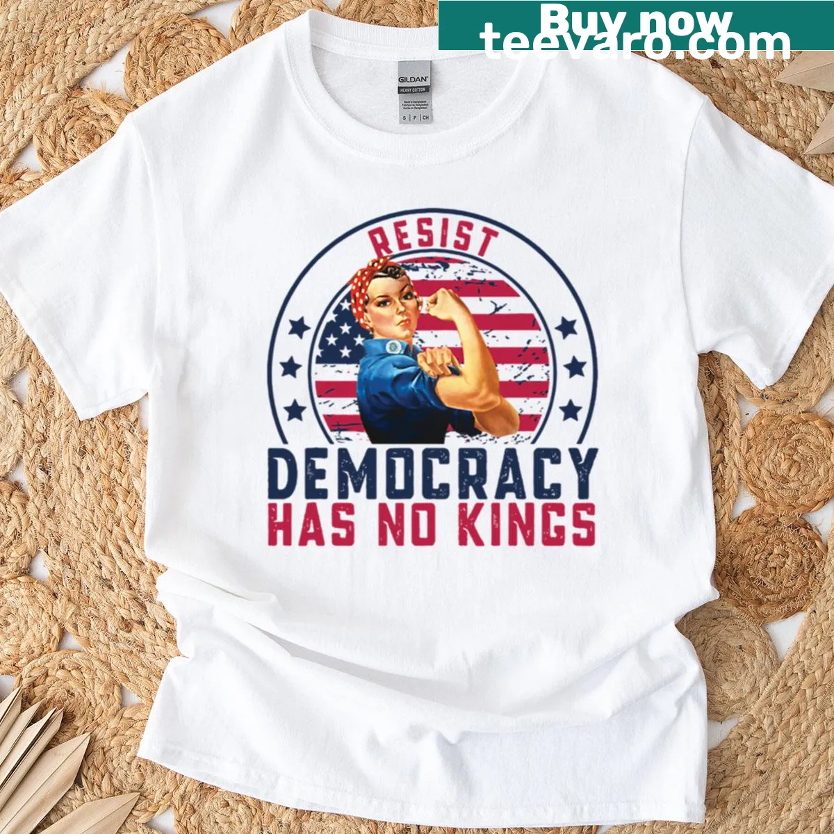 Retro-style T-shirt featuring the text 'Resist Democracy Has No Kings' — on a men's t-shirt