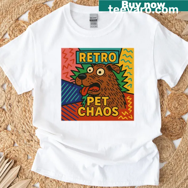 Retro T-shirt illustrating playful pet chaos in a whimsical design