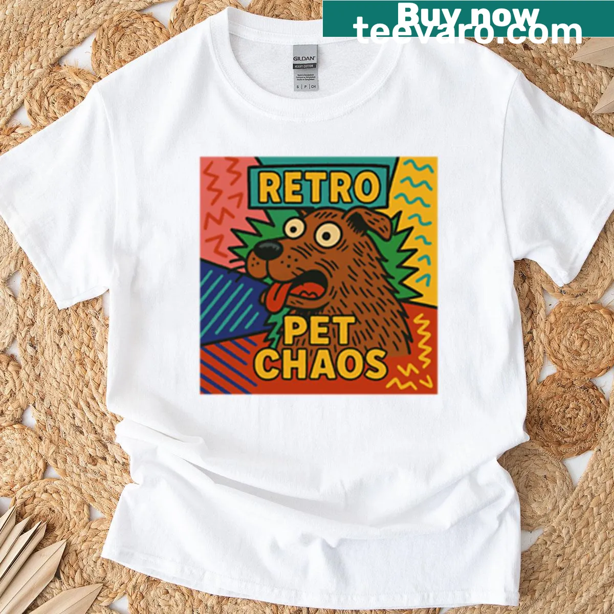 Retro T-shirt illustrating playful pet chaos in a whimsical design — on a men's t-shirt