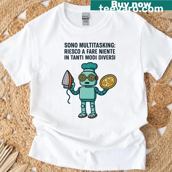 T-shirt featuring a multitasking robot design