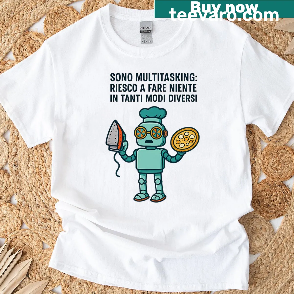 T-shirt featuring a multitasking robot design — on a men's t-shirt