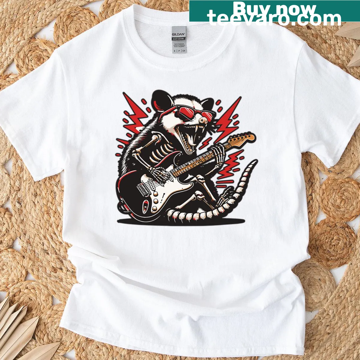 Funny punk possum skeleton cartoon T-shirt — on a men's t-shirt