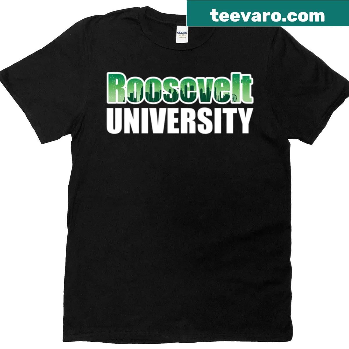 T-shirt featuring Chicago skyline illustration with Roosevelt University text — on a men's t-shirt