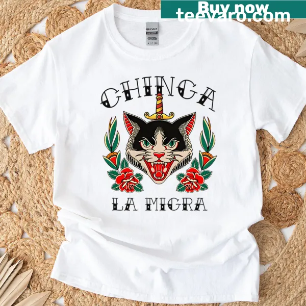 Typographic T-shirt with the phrase 'Chinga La Migra'