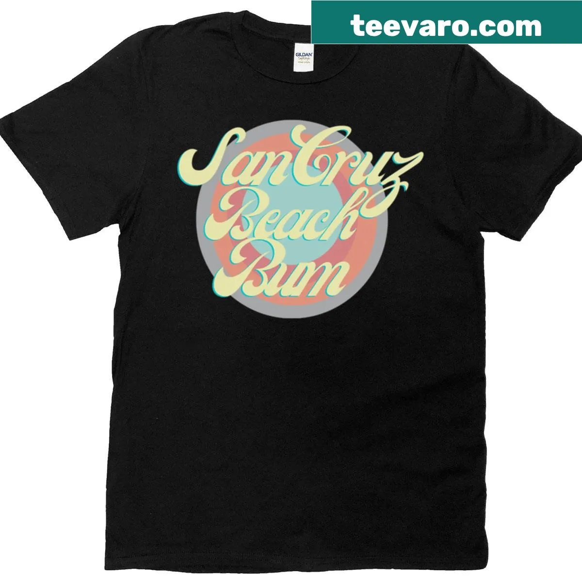 Illustrative T-shirt depicting Santa Cruz beach lifestyle — on a men's t-shirt