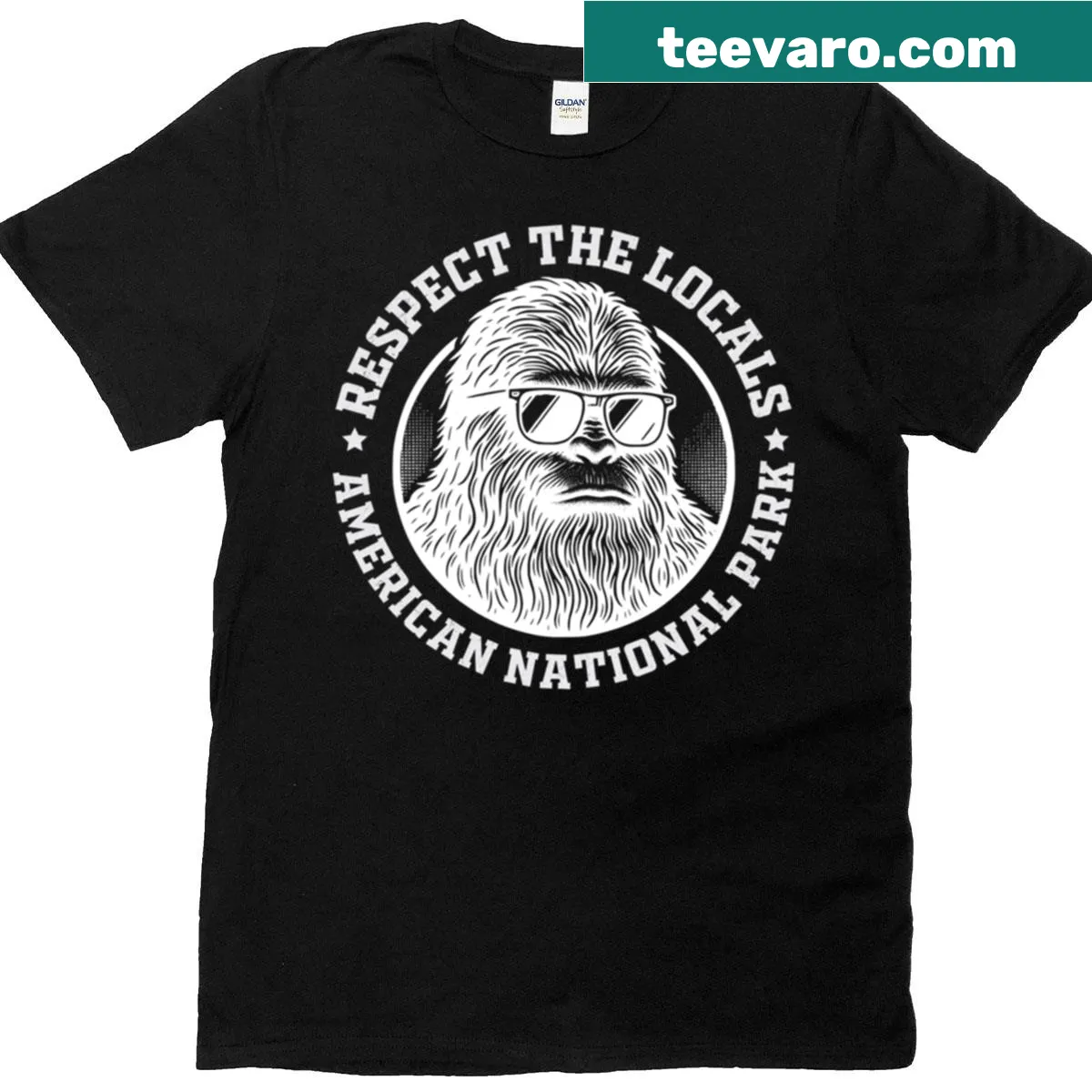 Graphic featuring Bigfoot and Yeti with nature theme on t-shirt — on a men's t-shirt