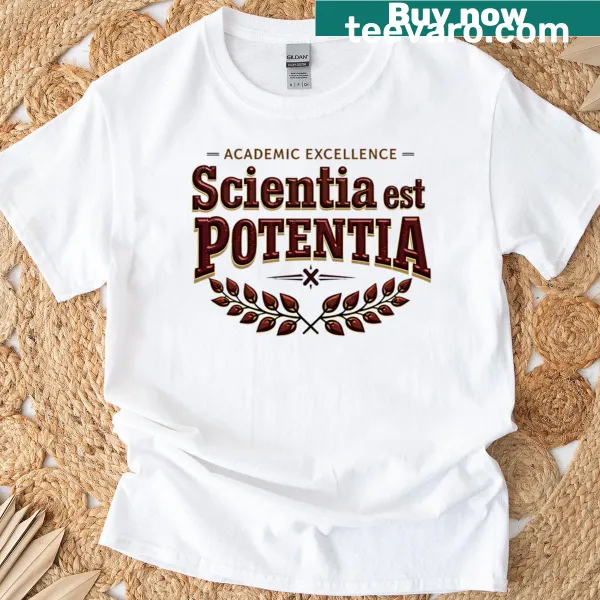 Oversized t-shirt featuring the phrase 'Scientia Est Potentia' in bold typography