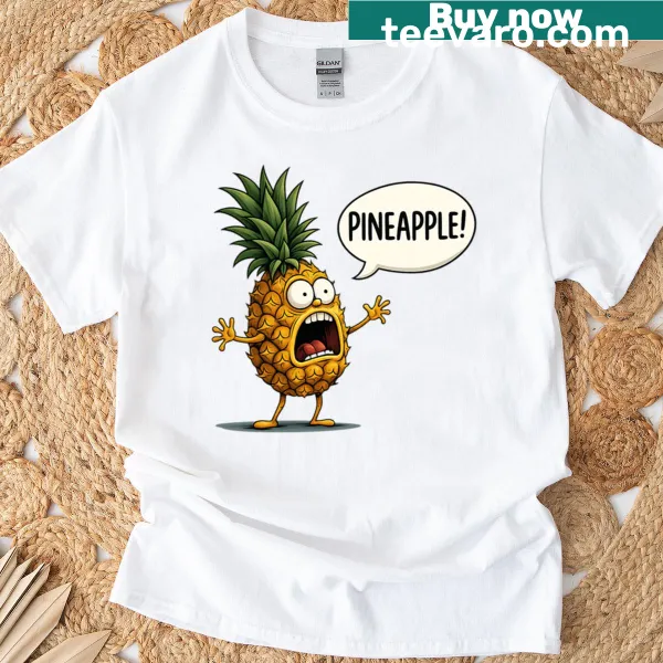 Cartoon pineapple character t-shirt with a funny expression
