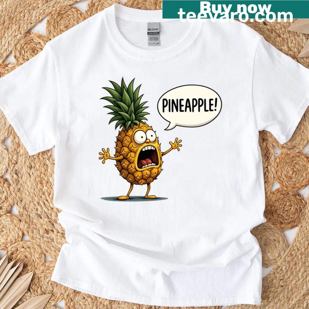 Cartoon pineapple character t-shirt with a funny expression — on a men's t-shirt