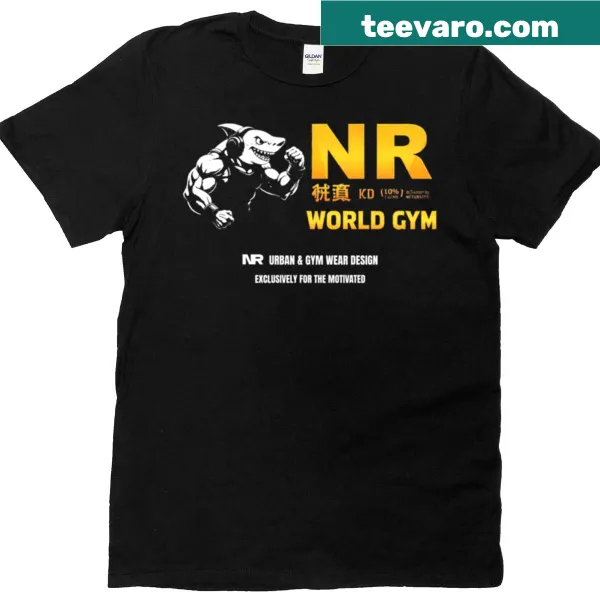 Sleek shark logo design in gold on a dark t-shirt.