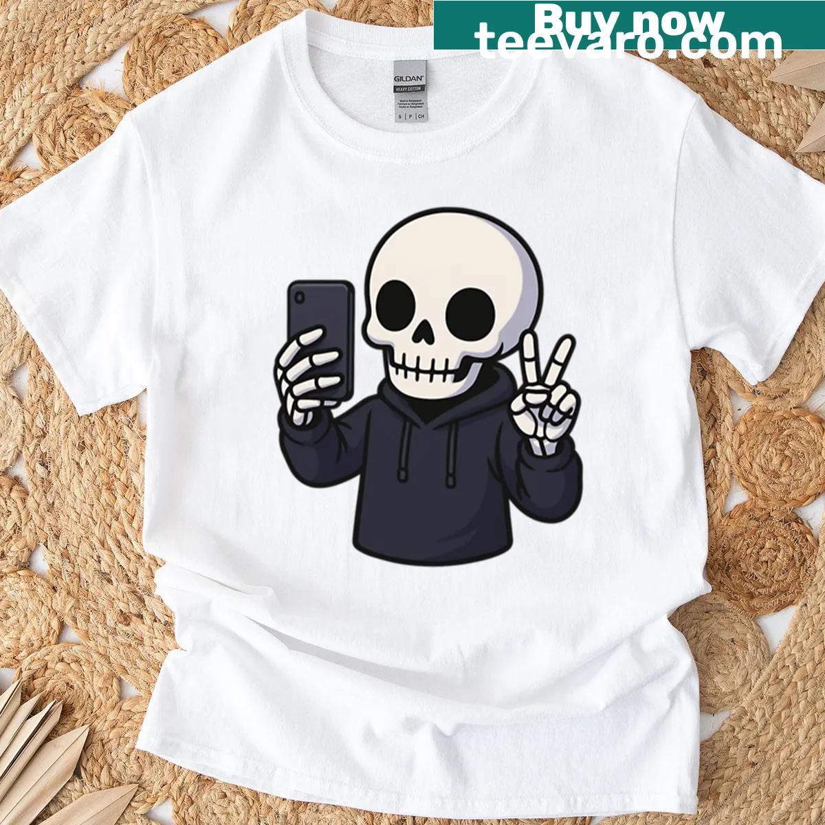 Funny T-shirt with skeleton taking a selfie and peace sign — on a men's t-shirt