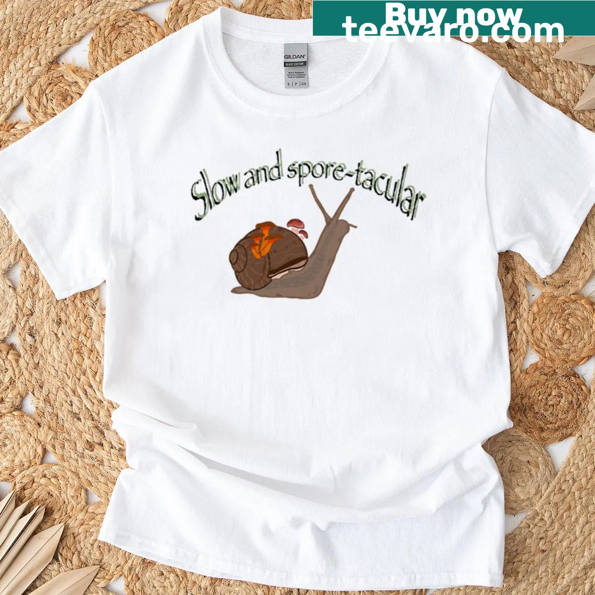 Funny t-shirt featuring a cartoon mushroom with the phrase Slow and Spore-tacular — on a men's t-shirt